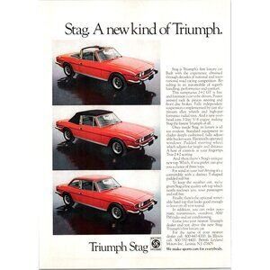 1973 Triumph Stag 2+2 GT Sports Car Vintage Print Ad British Leyland Wall Art